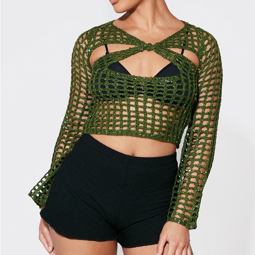 Pretty Little Thing Crochet Green Knit Cut Out Sequin Sweater Long Sleeve Top